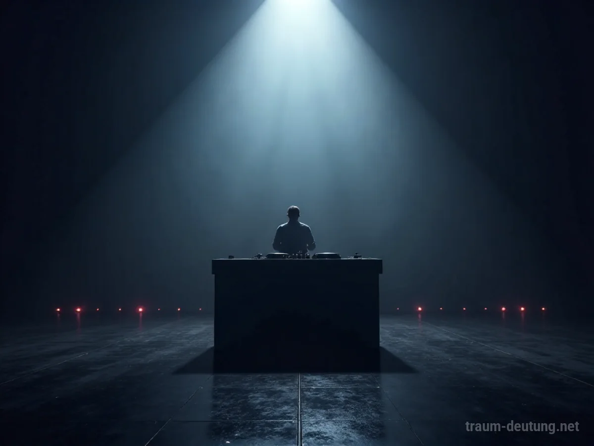 Traumsymbol Techno: Eine einsame DJ-Kanzel steht auf einem dunklen, leeren Tanzboden, beleuchtet von einem einzelnen Scheinwerfer.