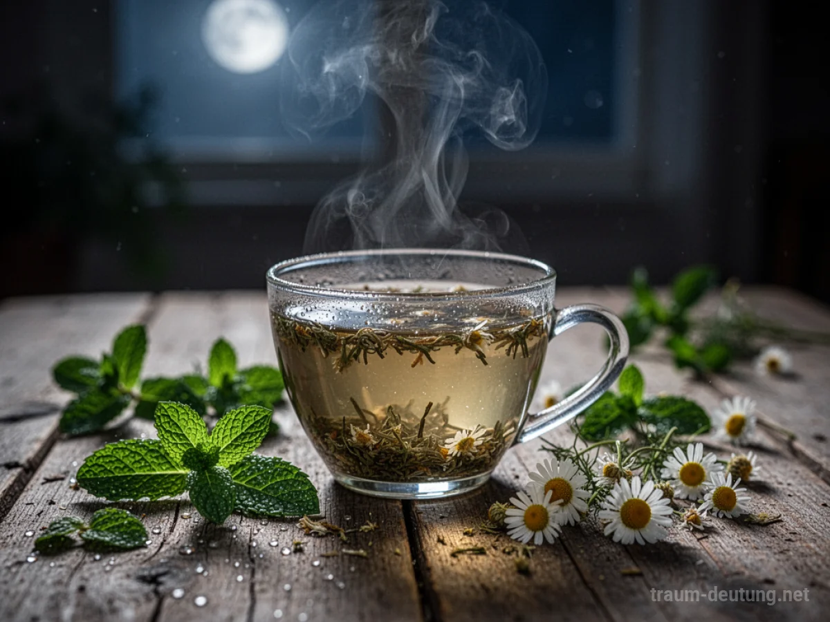 Traumdeutung Tee: Eine dampfende Tasse Kräutertee steht auf einem rustikalen Holztisch im sanften Mondlicht, umgeben von Minzblättern und Kamillenblüten.