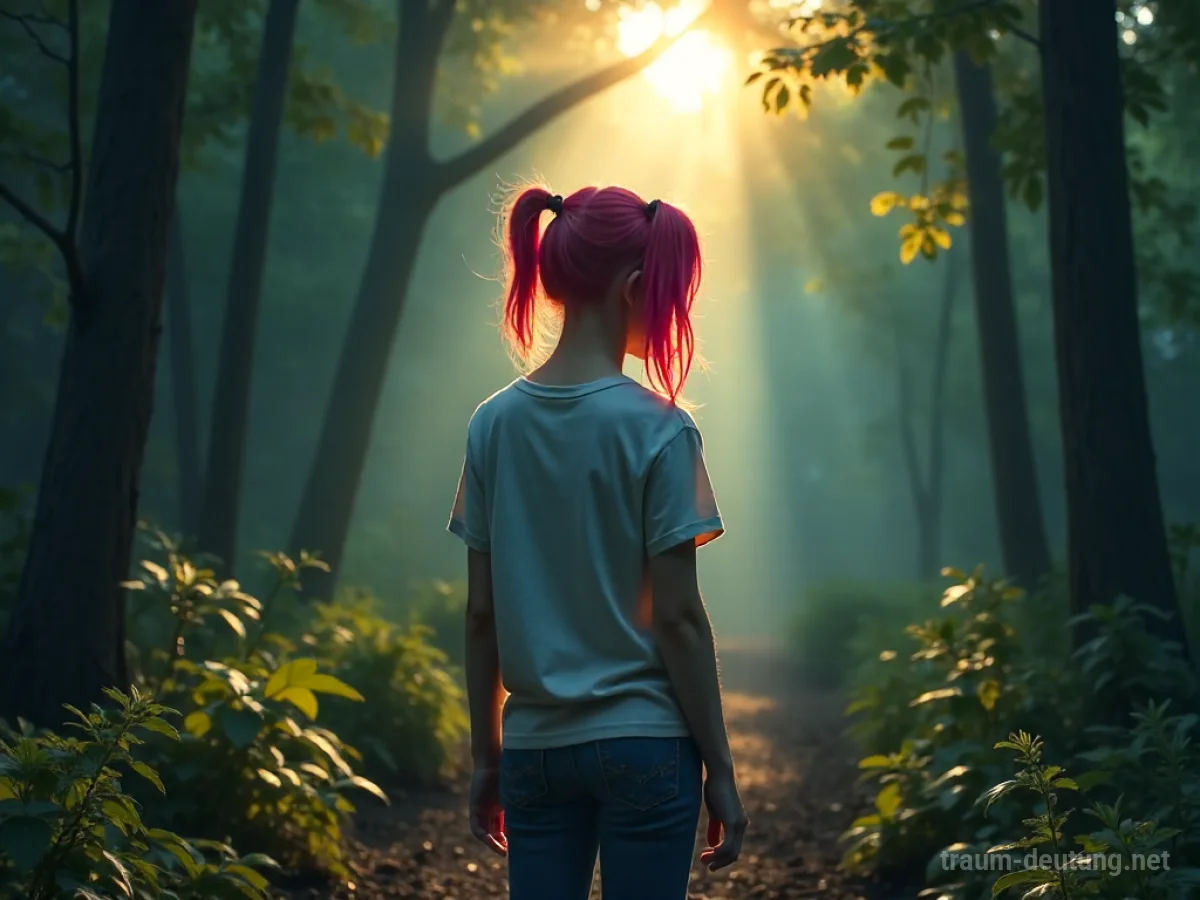 Traumsymbol Teenie: Eine junge Frau mit bunten Haaren steht ratlos an einer Weggabelung in einem nebligen Wald, das Licht fällt gedämpft ein.