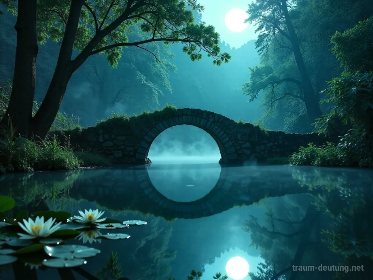 Traumsymbol Teich: Ein klarer Teich spiegelt eine alte Steinbrücke im Mondlicht, umgeben von dunklem Wald und Nebel.