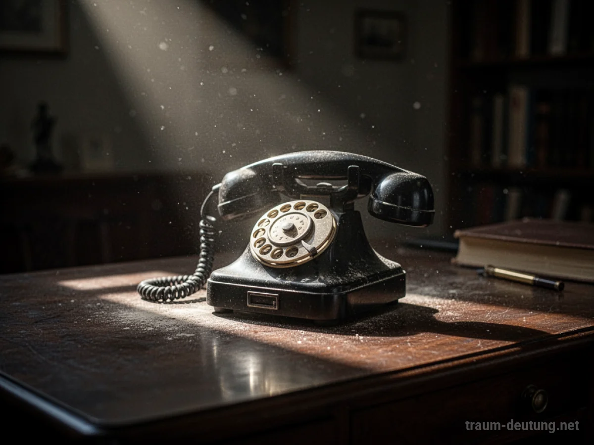 Traumdeutung Telefon: Ein antikes Wähle-Telefon steht auf einem dunklen Holzschreibtisch, beleuchtet von einem einzelnen Mondlichtstrahl, der lange Schatten wirft.