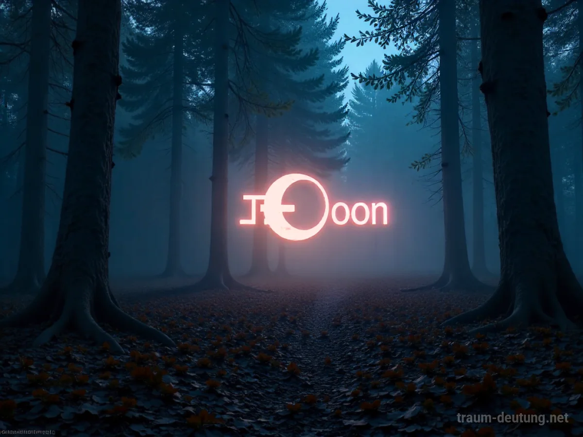 Traumdeutung Telekom: Ein leuchtendes Telekom-Logo erscheint geheimnisvoll in einem nebligen Wald bei Mondlicht, umgeben von digitalen Mustern.