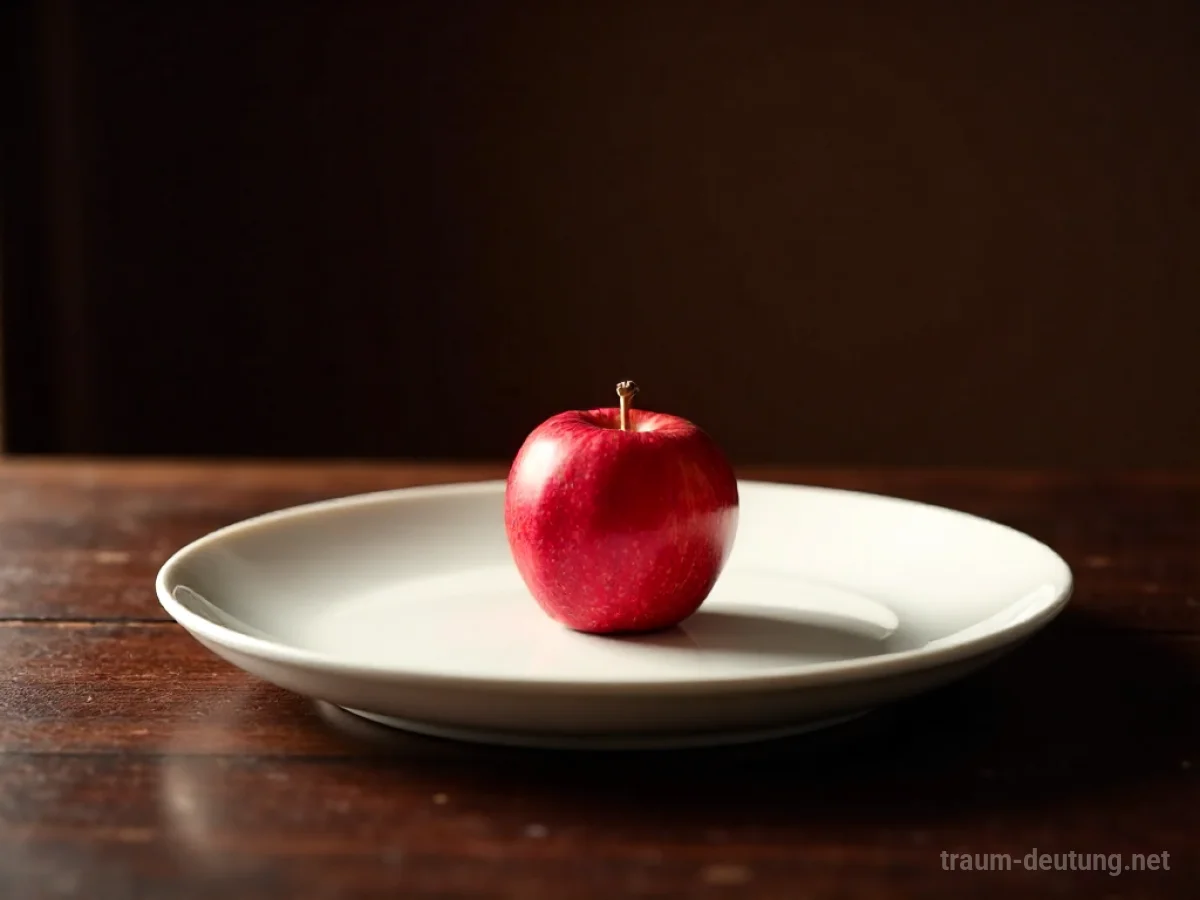 Traumsymbol Teller: Ein einzelner, makelloser weißer Keramikteller mit einem roten Apfel in der Mitte auf einem dunklen Holztisch, beleuchtet von warmem Seitenlicht.