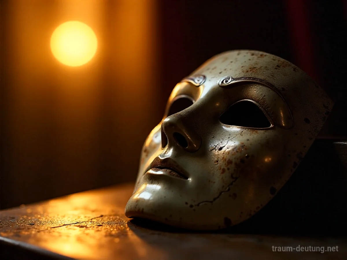 Traumsymbol Tenor: Eine dramatische Nahaufnahme einer antiken, verzierten Opernmaske, halb im Schatten, halb von einem warmen Scheinwerfer beleuchtet.