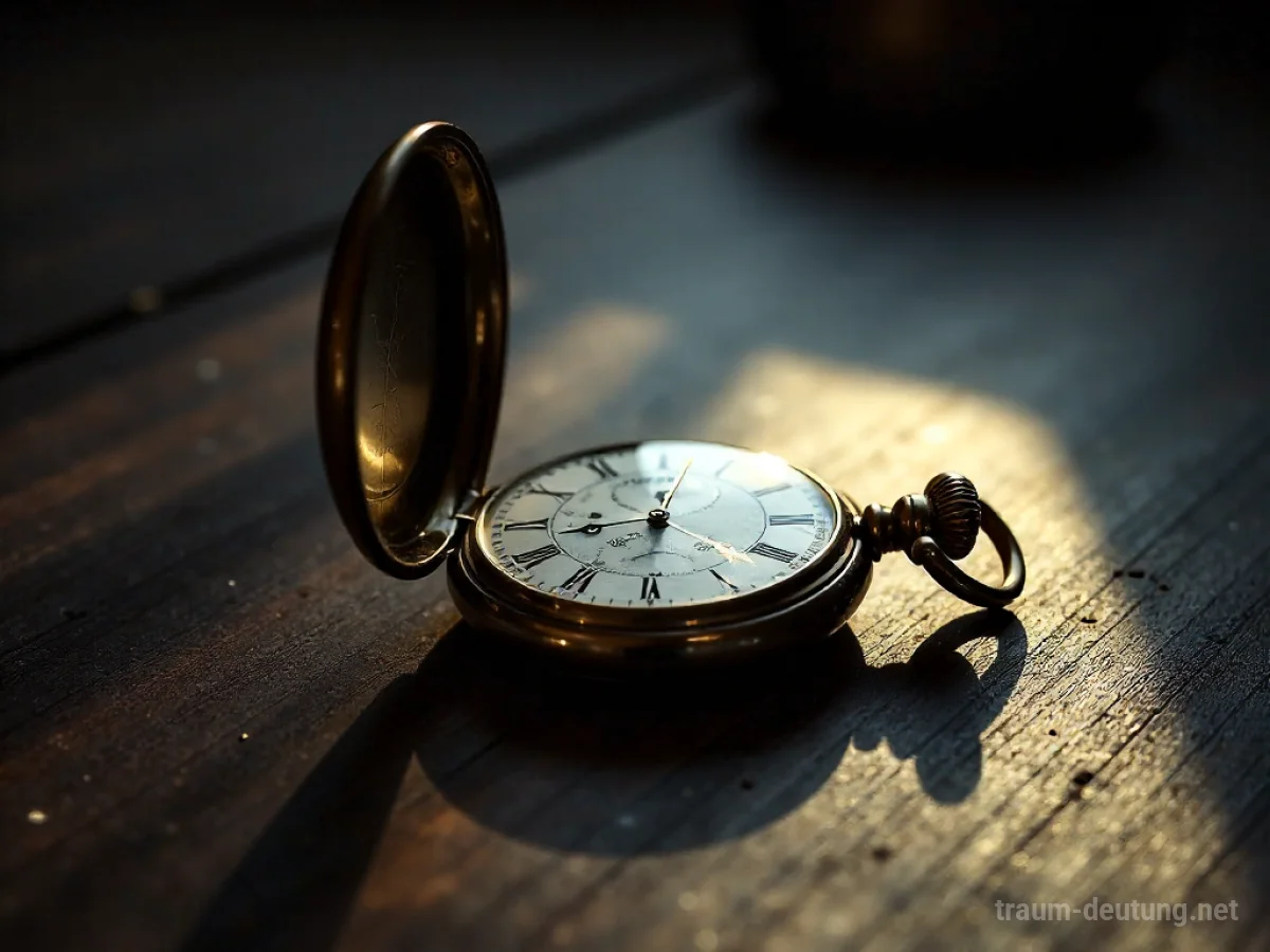 Traumsymbol Termin: Eine antike Taschenuhr liegt offen auf einem dunklen Schreibtisch, die Zeiger stehen auf 3:00, beleuchtet von dramatischem Licht.