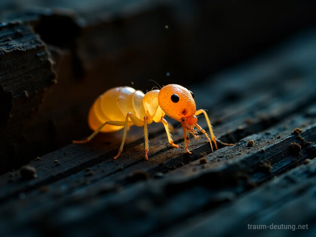 Traumsymbol Termite: Eine einzelne Termite im Mondlicht auf einem zerfallenden Holzbalken, die langsam das Holz zerfrisst.