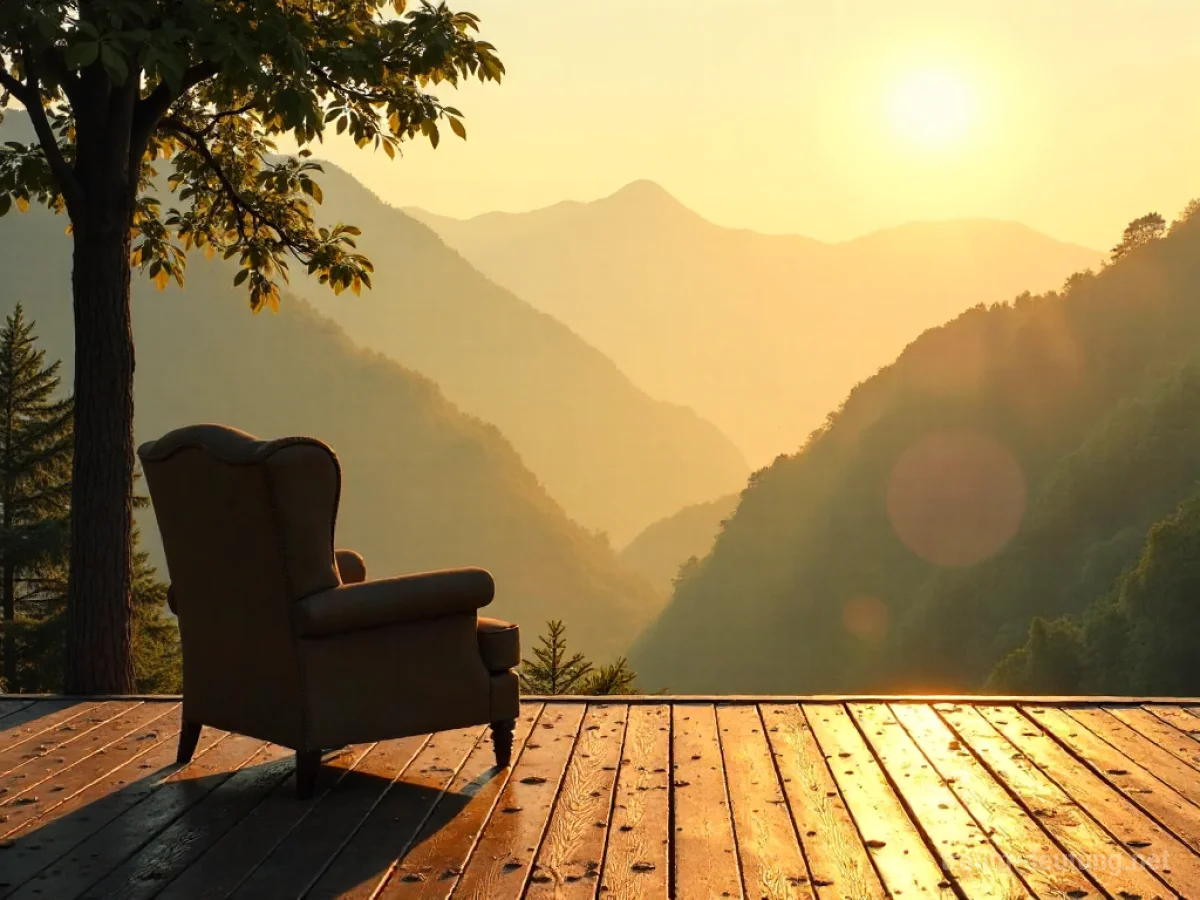 Traumsymbol Terrasse: Eine sonnenbeschienene Holzterrasse mit einem alten Sessel blickt auf ein nebliges Tal im Morgengrauen.
