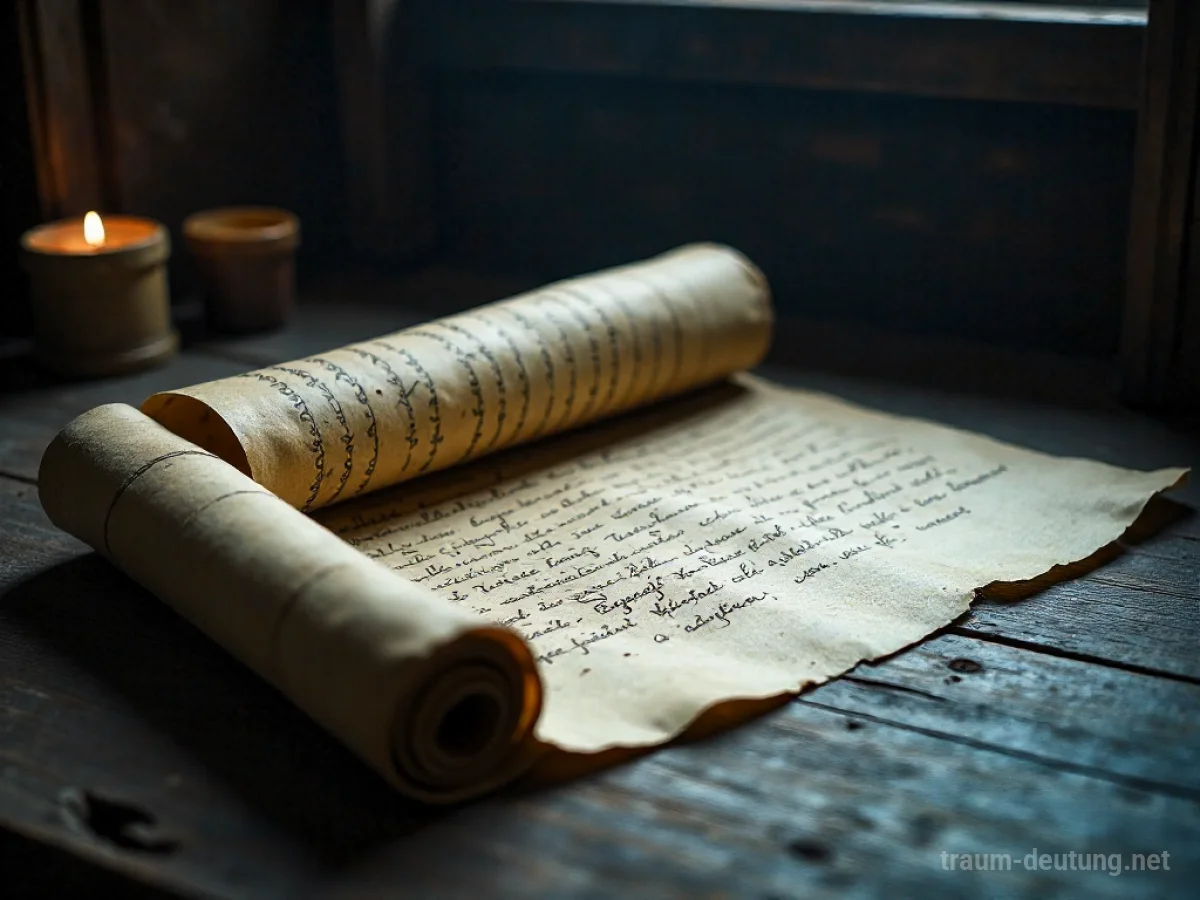 Traumdeutung Text: Ein alter, vergilbter Schriftrolle entrollt sich in einem schwach beleuchteten Raum, beleuchtet von einem einzelnen Mondstrahl.