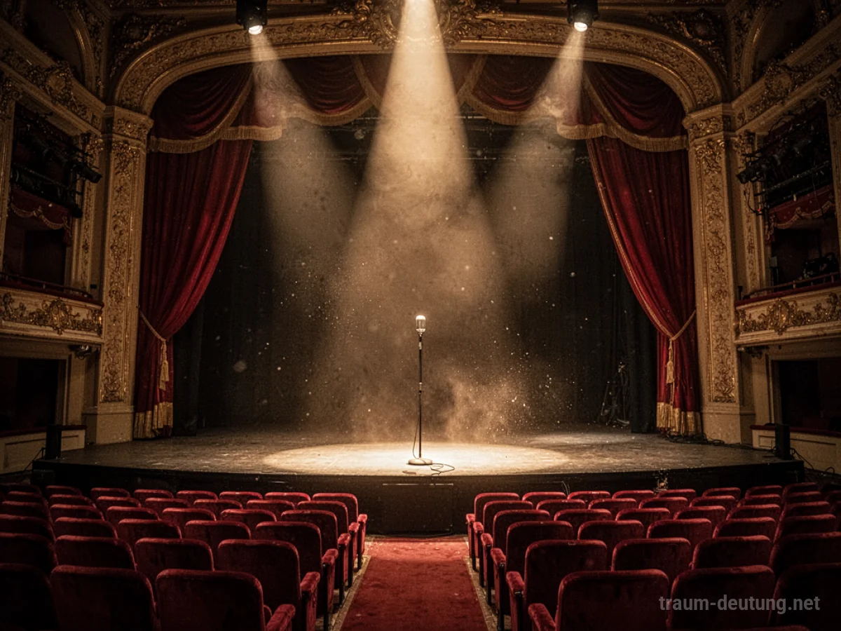 Traumdeutung Theater: Eine leere, prunkvolle Theaterbühne im Scheinwerferlicht mit vorgelassenen roten Samtvorhängen und dunklem Zuschauerraum.