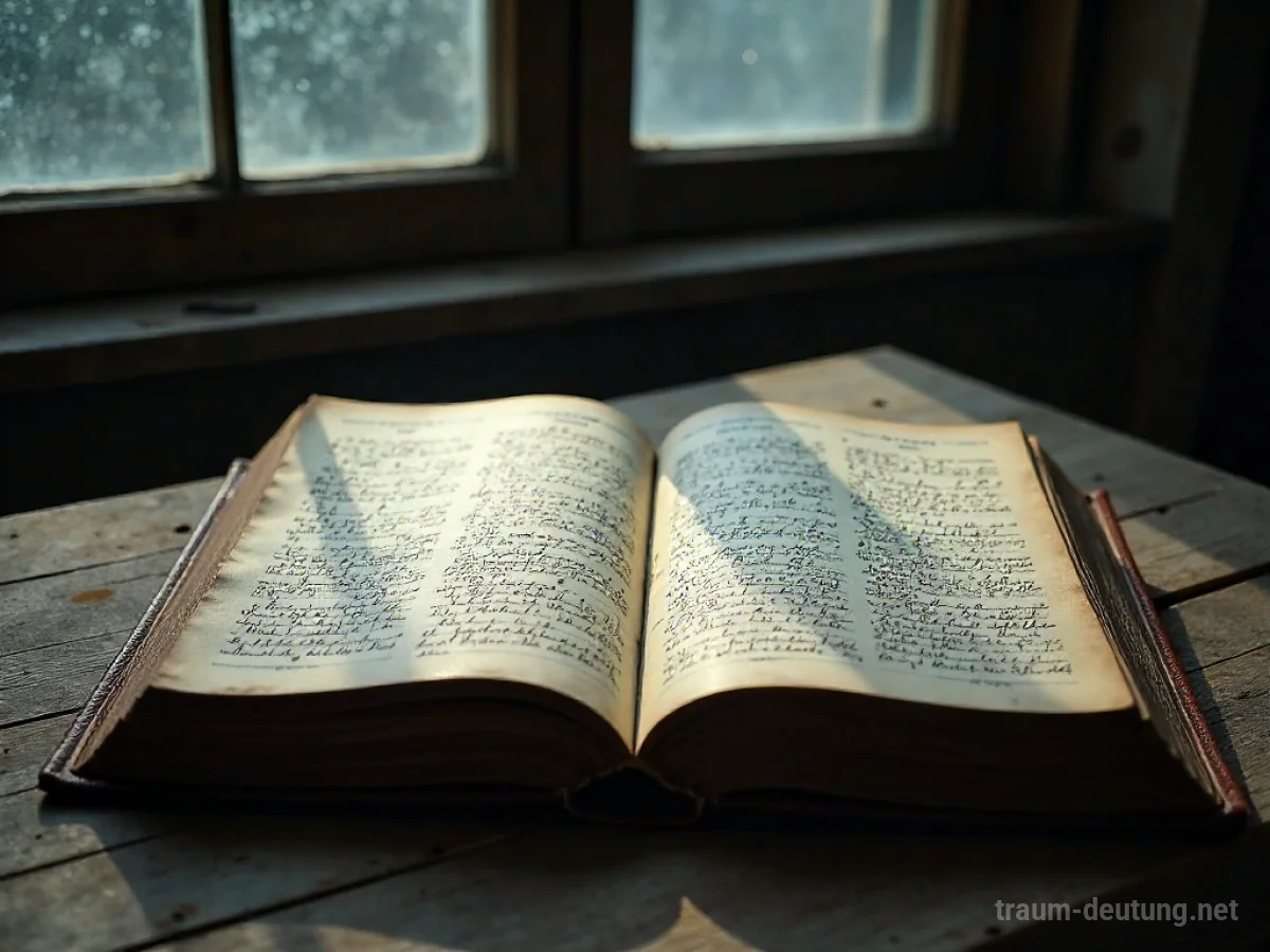 Traumsymbol Thema: Ein altes, aufgeschlagenes Buch mit handgeschriebener Schrift liegt im Schein des Mondlichts auf einem Holztisch.