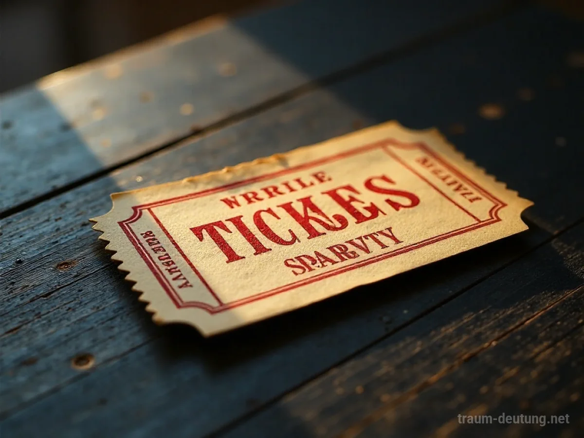 Traumdeutung Ticket: Ein altes Papierticket liegt auf dunklem Holz, beleuchtet von warmem Licht, das eine bevorstehende Reise oder Entscheidung symbolisiert.