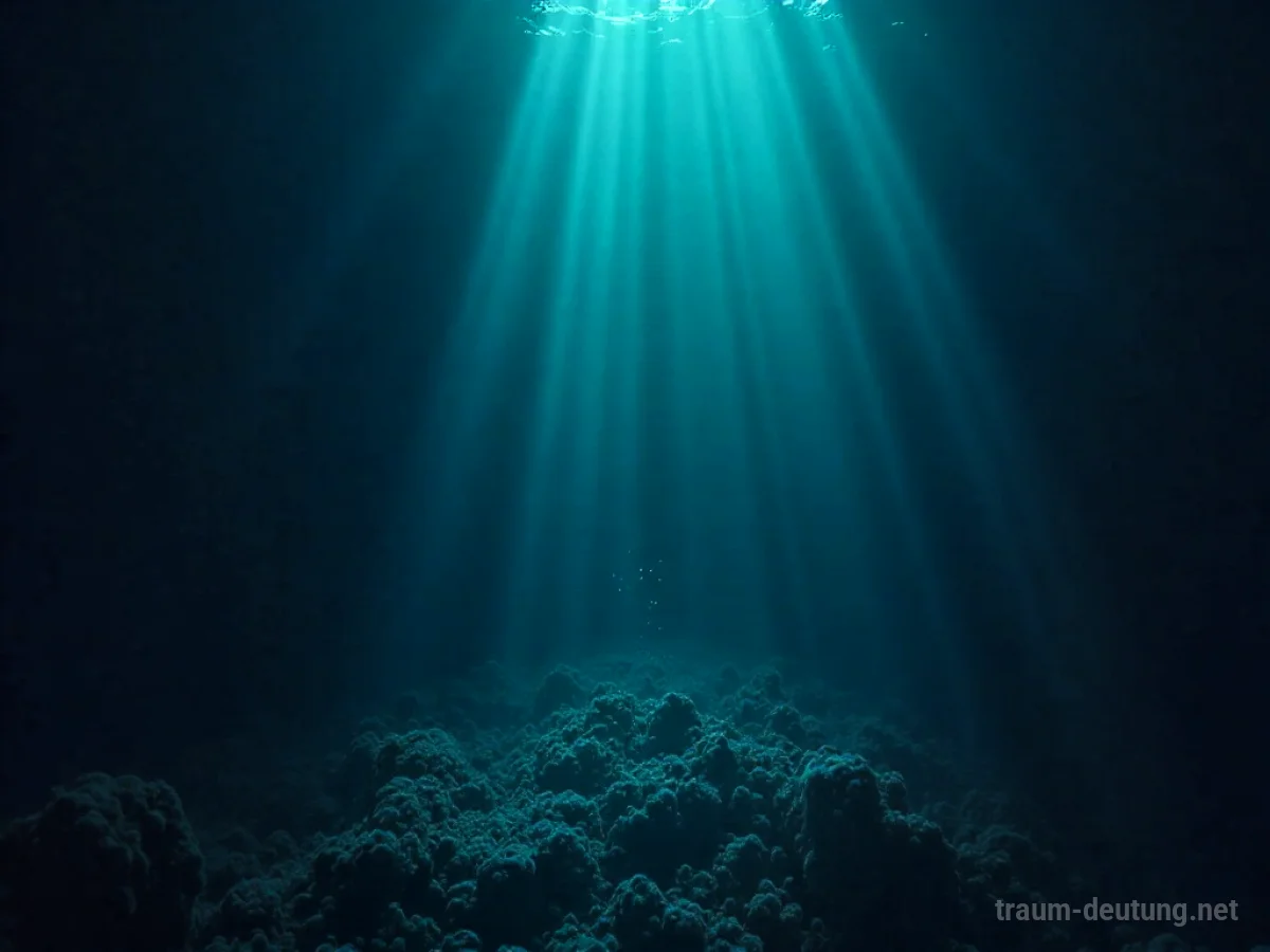 Traumsymbol Tiefe: Ein dunkler, endloser Ozeanabgrund mit vereinzelten biolumineszenten Organismen und einem einsamen Lichtstrahl.