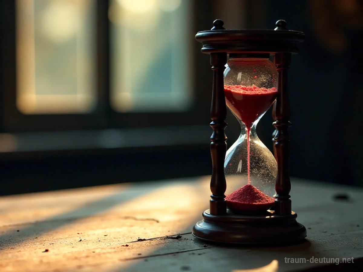 Traumsymbol Timer: Eine antike Sanduhr aus dunklem Holz und Glas steht auf einem Schreibtisch, während roter Sand von oben nach unten rieselt, beleuchtet von sanftem Mondlicht.