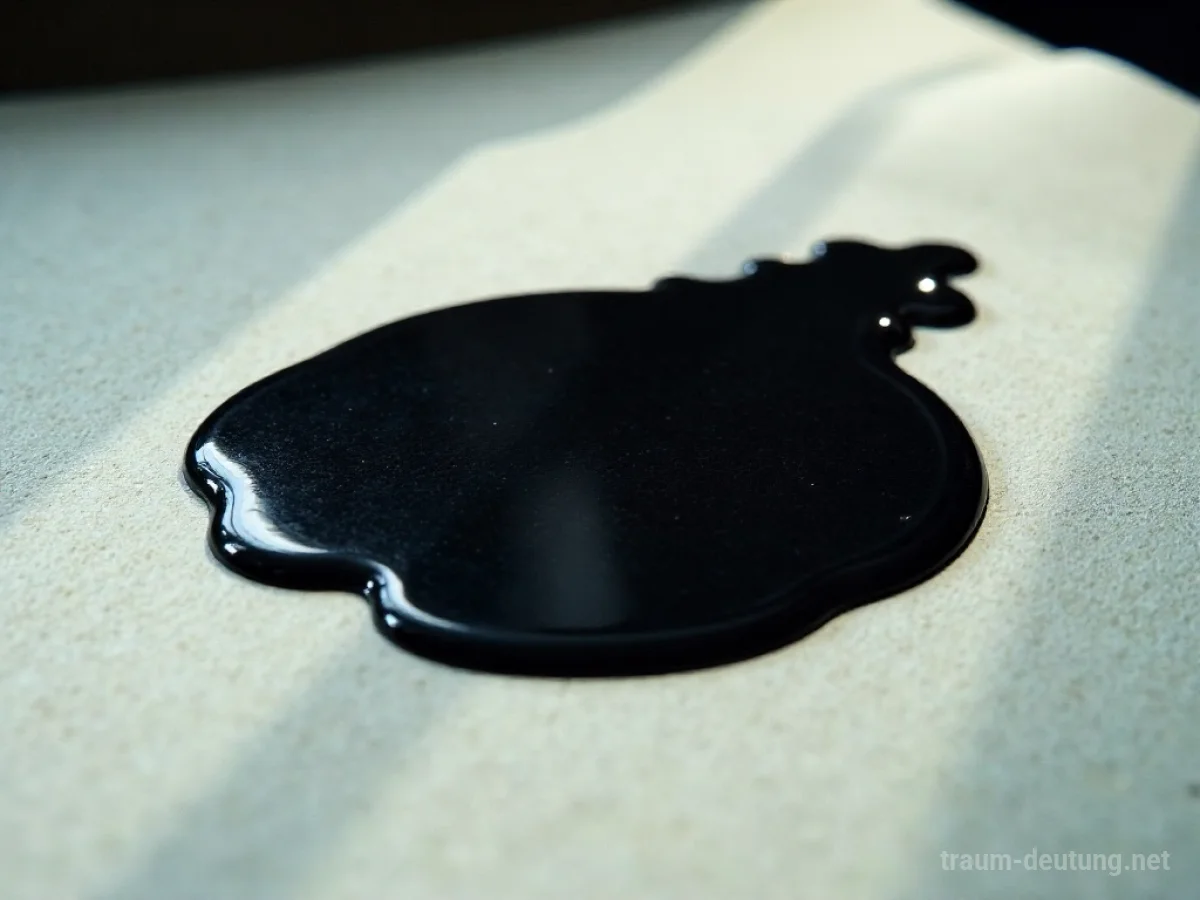 Traumdeutung Tinte: Schwarze Tinte breitet sich langsam auf rauem, cremefarbenem Papier aus, mit sanften Lichtreflexen und einer geheimnisvollen Atmosphäre.