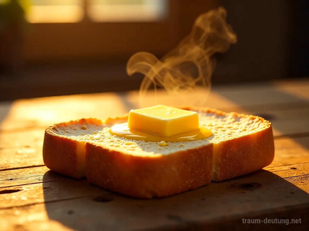 Traumdeutung Toast: Ein perfekt getoastetes Stück Brot liegt auf einem rustikalen Holztisch im warmen Morgenlicht, mit schmelzender Butter und aufsteigendem Dampf.