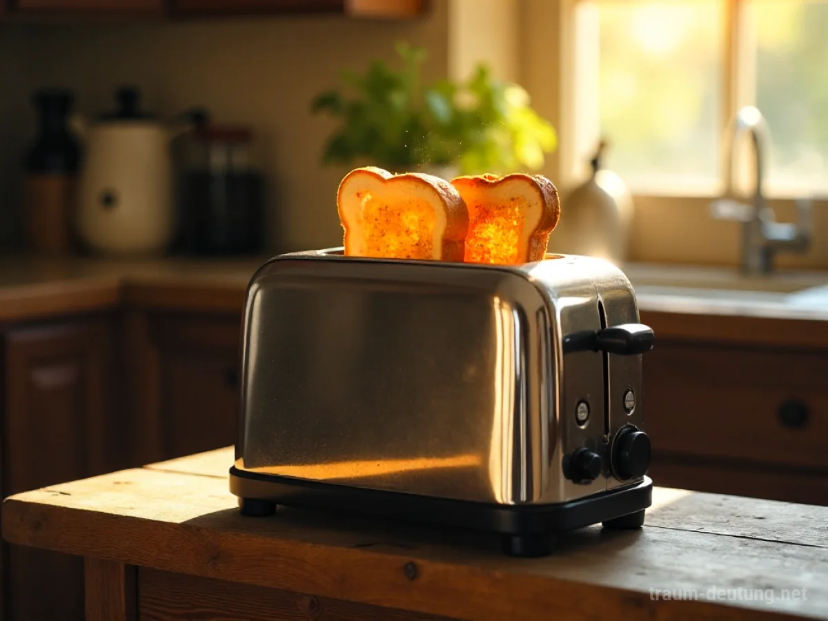 Traumdeutung Toaster: Ein glänzender Chrom-Toaster auf einer Holzoberfläche, aus dem gerade zwei goldbraune Toastscheiben mit aufsteigendem Dampf hervorbereiten, beleuchtet von warmem Morgenlicht.