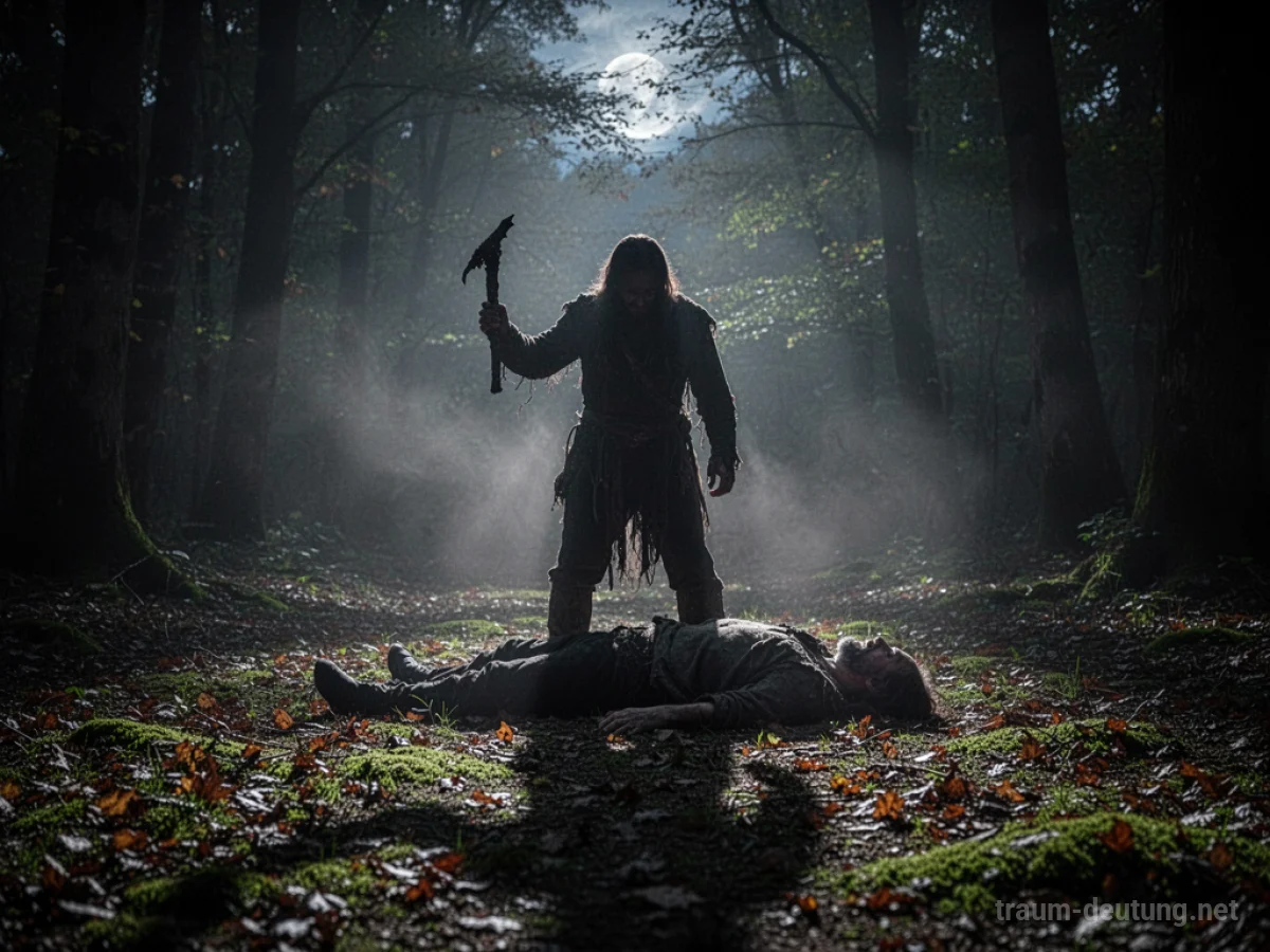 Traumsymbol Töten: Eine schattenhafte Figur steht über einer am Boden liegenden Person in einem nebeligen Wald bei Mondlicht, eine bedrohliche Szene.