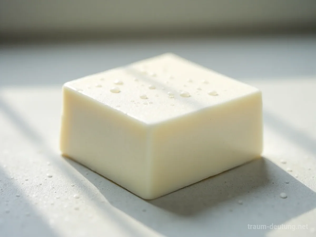 Traumsymbol Tofu: Ein makelloser, weißer Block seidiger Tofu ruht auf einer minimalistischen grauen Steinplatte, beleuchtet von sanftem Tageslicht.