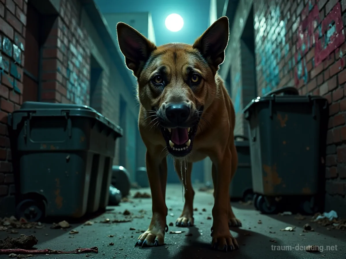 Traumsymbol Tollwut: Ein tollwütiger Hund mit gefletschten Zähnen und Schaum vor dem Maul steht in einer dunklen, schmutzigen Gasse unter Mondlicht.