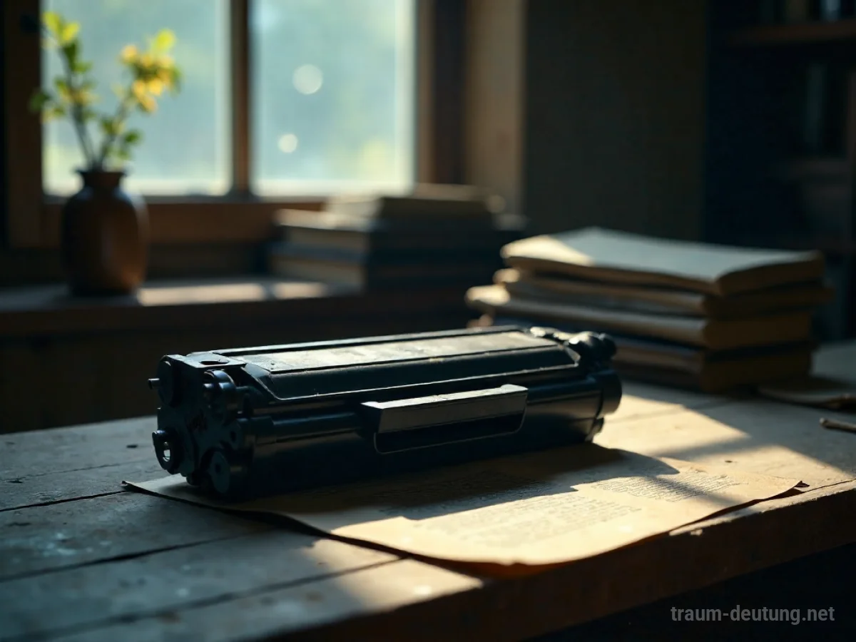 Traumdeutung Toner: Eine alte, staubige Tonerkartusche liegt auf einem abgenutzten Schreibtisch in einem schwach beleuchteten Arbeitszimmer, beleuchtet von Mondlicht.