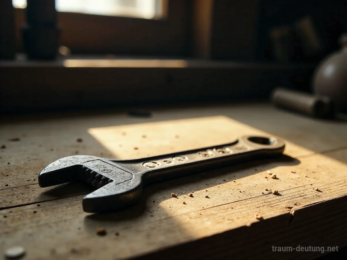 Traumdeutung Tool: Ein einzelner, abgenutzter Vintage-Schraubenschlüssel liegt auf einer grob behauelten Holzwerkbank, beleuchtet von einem einzelnen Sonnenstrahl.