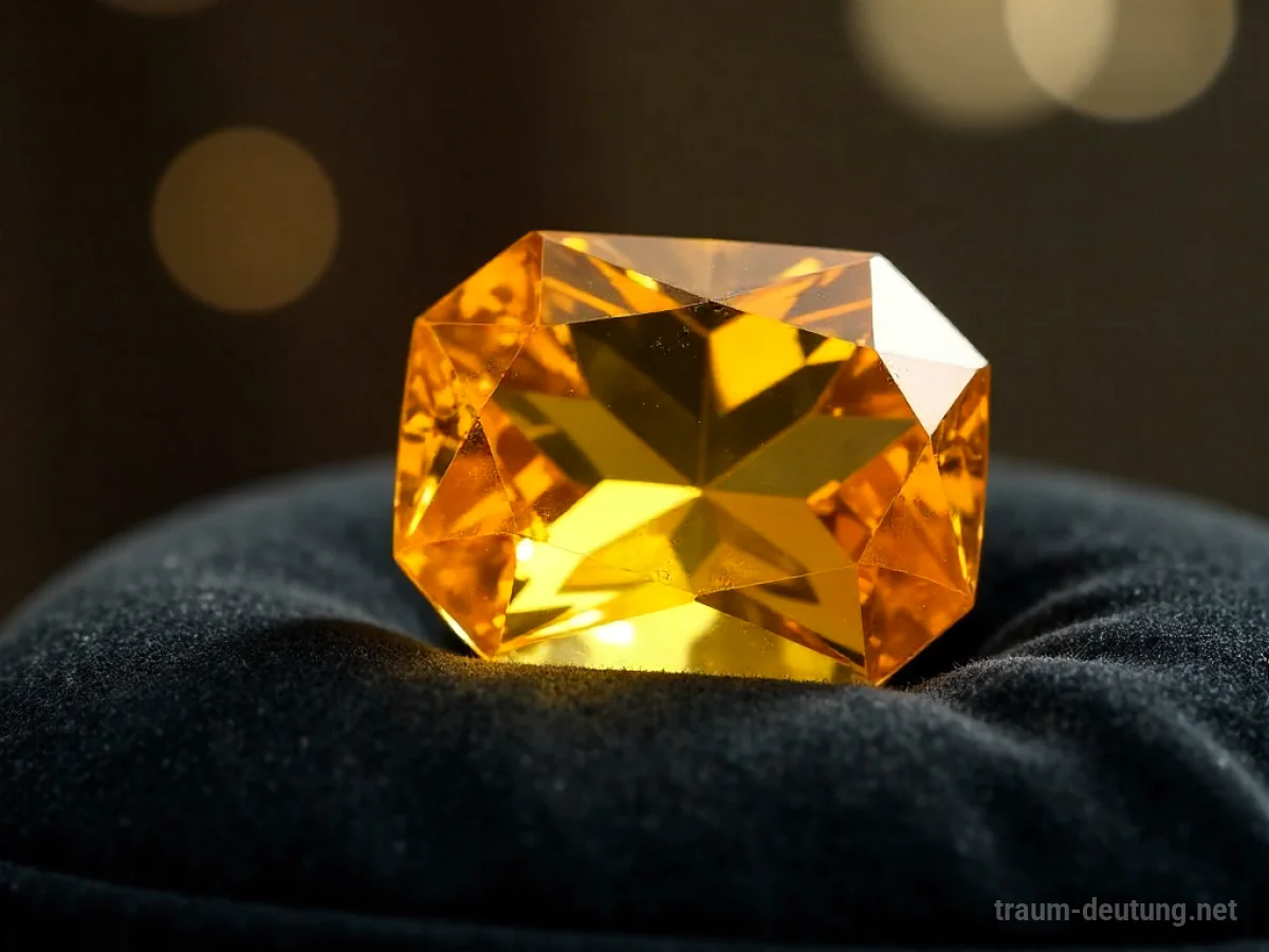 Traumsymbol Topas: Ein leuchtend gelber, facettierter Topas ruht auf einem dunklen Samtkissen, umgeben von sanftem Licht.