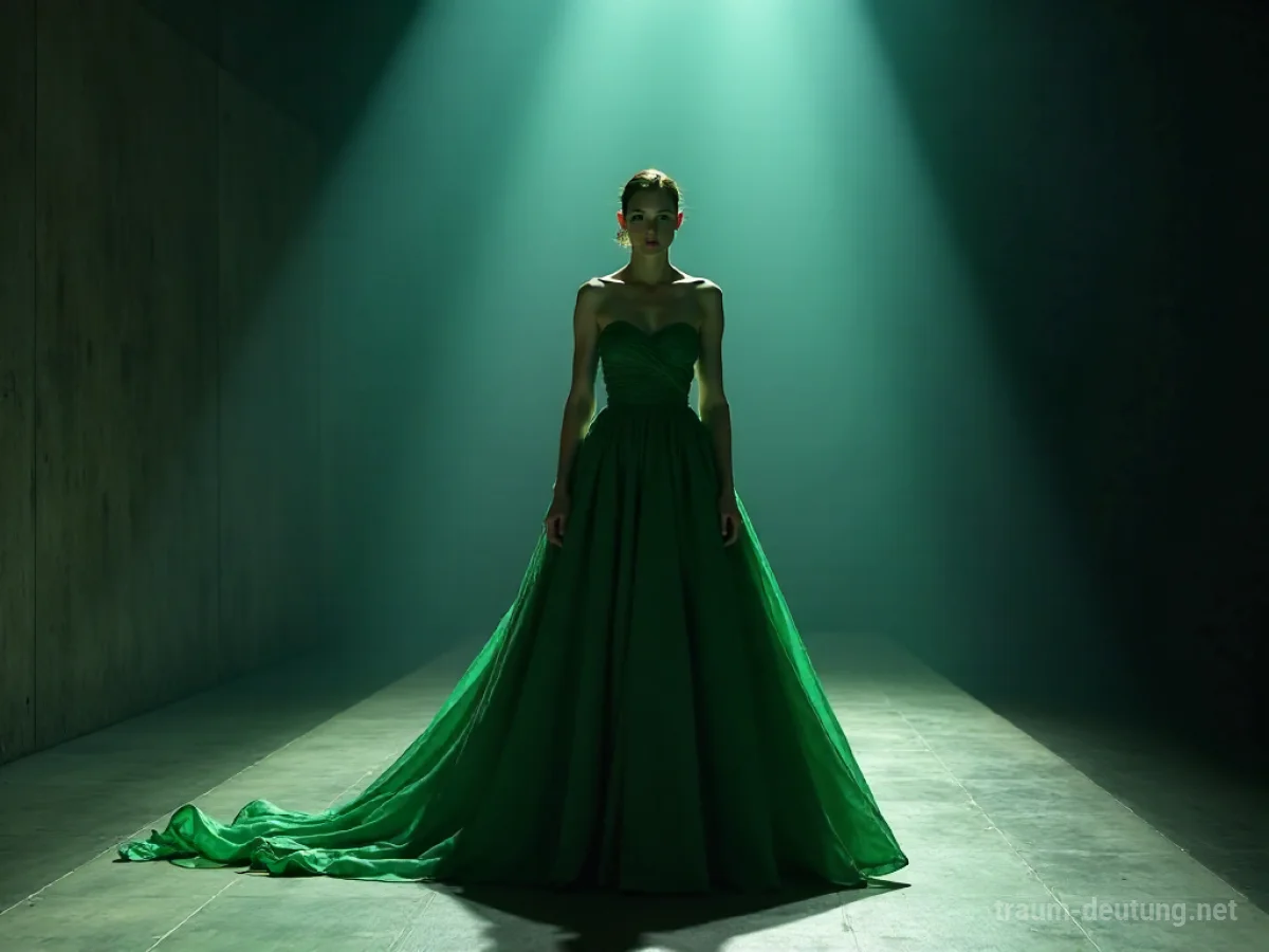 Traumdeutung Topmodel: Eine selbstbewusste Supermodel steht auf einem schattigen Laufsteg in einem smaragdgrünen Kleid, beleuchtet von dramatischen Scheinwerfern.