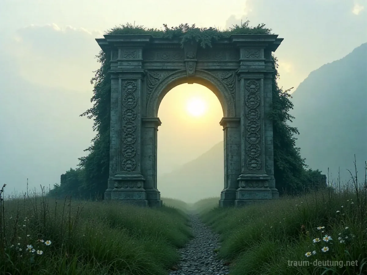 Traumsymbol Tor: Ein alter, bemooster Steintorbogen ragt in einer nebeligen Wiese bei Sonnenaufgang auf, durch den ein Pfad führt.
