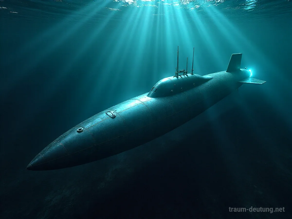 Traumdeutung Torpedo: Ein metallischer Torpedo liegt tief im dunklen, trüben Ozean, umgeben von schwachem blauem Licht biolumineszierender Plankton und gedämpften Sonnenstrahlen.