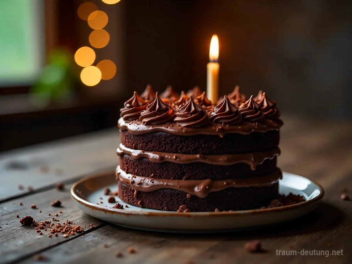 Traumsymbol Torte: Eine kunstvoll verzierte, mehrschichtige Schokoladentorte mit einer einzelnen Kerze auf einem rustikalen Holztisch, beleuchtet von warmem Kerzenlicht.