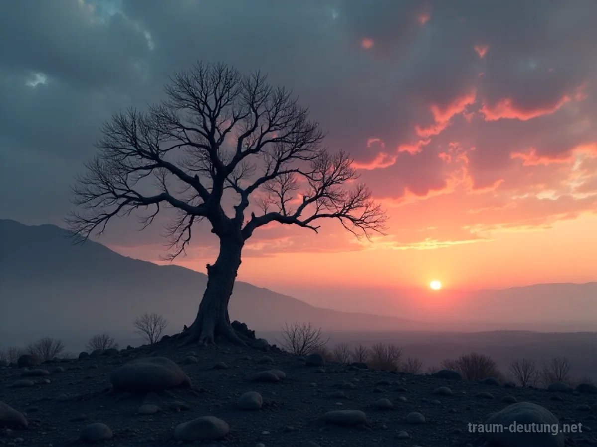 Traumsymbol Tortur: Ein verdorrter Baum mit verdrehten Ästen steht einsam in einer kargen Landschaft unter einem düsteren Himmel.