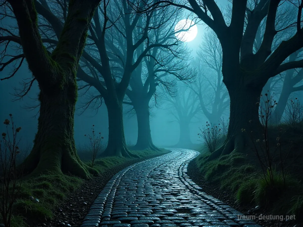 Traumdeutung Tour: Eine verwunschene, mondbeschienene Straße führt in einen geheimnisvollen Wald, umgeben von alten Bäumen und Nebel.