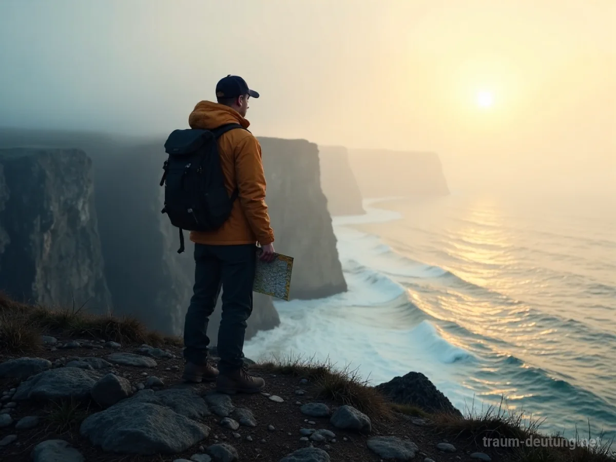 Traumdeutung Tourist: Eine einsame Gestalt steht auf einer nebligen Klippe und blickt auf das Meer, im diffusen Licht des Morgens.