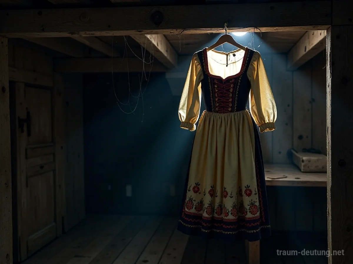 Traumsymbol Tracht: Ein detailreiches, besticktes bayerisches Trachtenkleid hängt in einem staubigen, mondbeschienenen Dachboden, melancholisch und voller Geschichte.