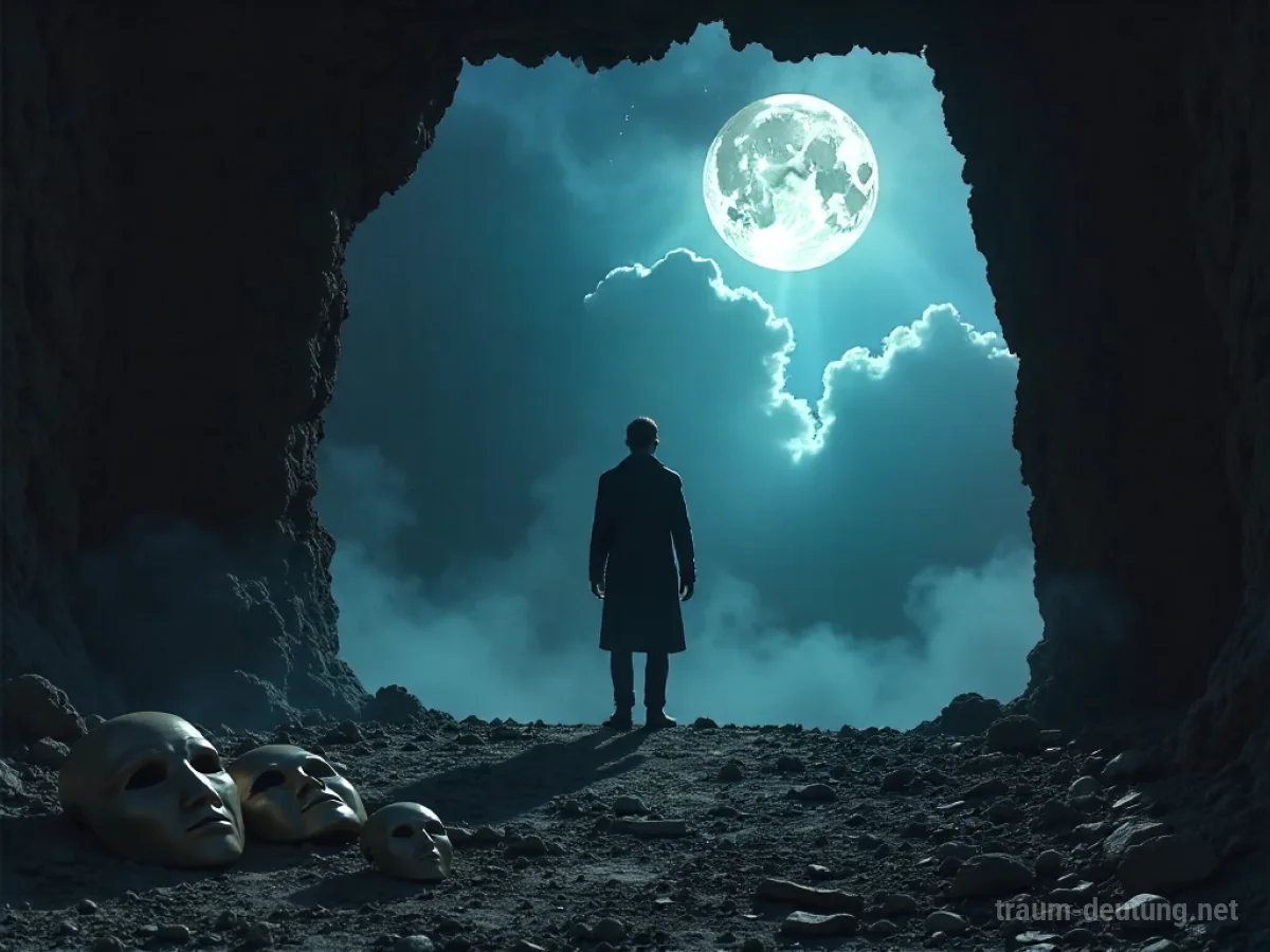 Traumdeutung Tragödie: Eine einsame Figur steht auf einer zerfallenden Bühne unter einem stürmischen Himmel, umgeben von zerbrochenen Masken, im schwindenden Mondlicht.
