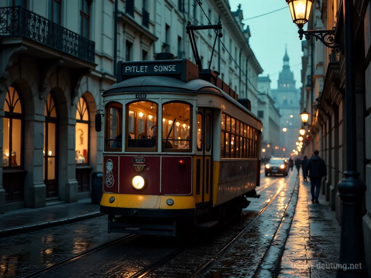 Traumsymbol Tram: Eine nostalgische Tram fährt langsam auf einer nassen Kopfsteinpflasterstraße durch eine neblige Stadt bei Dämmerung, ihre warmen Lichter spiegeln sich im nassen Untergrund.