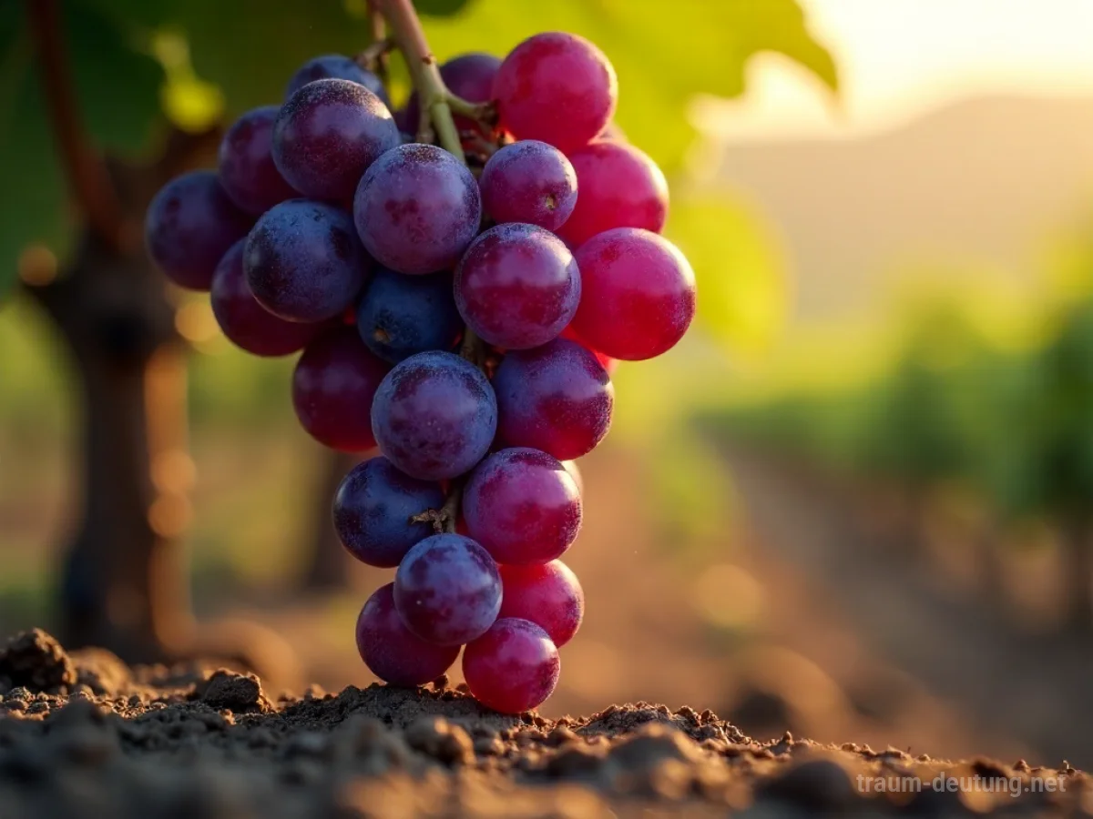 Traumsymbol Trauben: Eine Nahaufnahme von reifen, dunkelvioletten Trauben, die von einer Weinrebe im sanften Sonnenlicht hängen, mit taubeschlagenen Beeren und einem unscharfen Weinberg im Hintergrund.