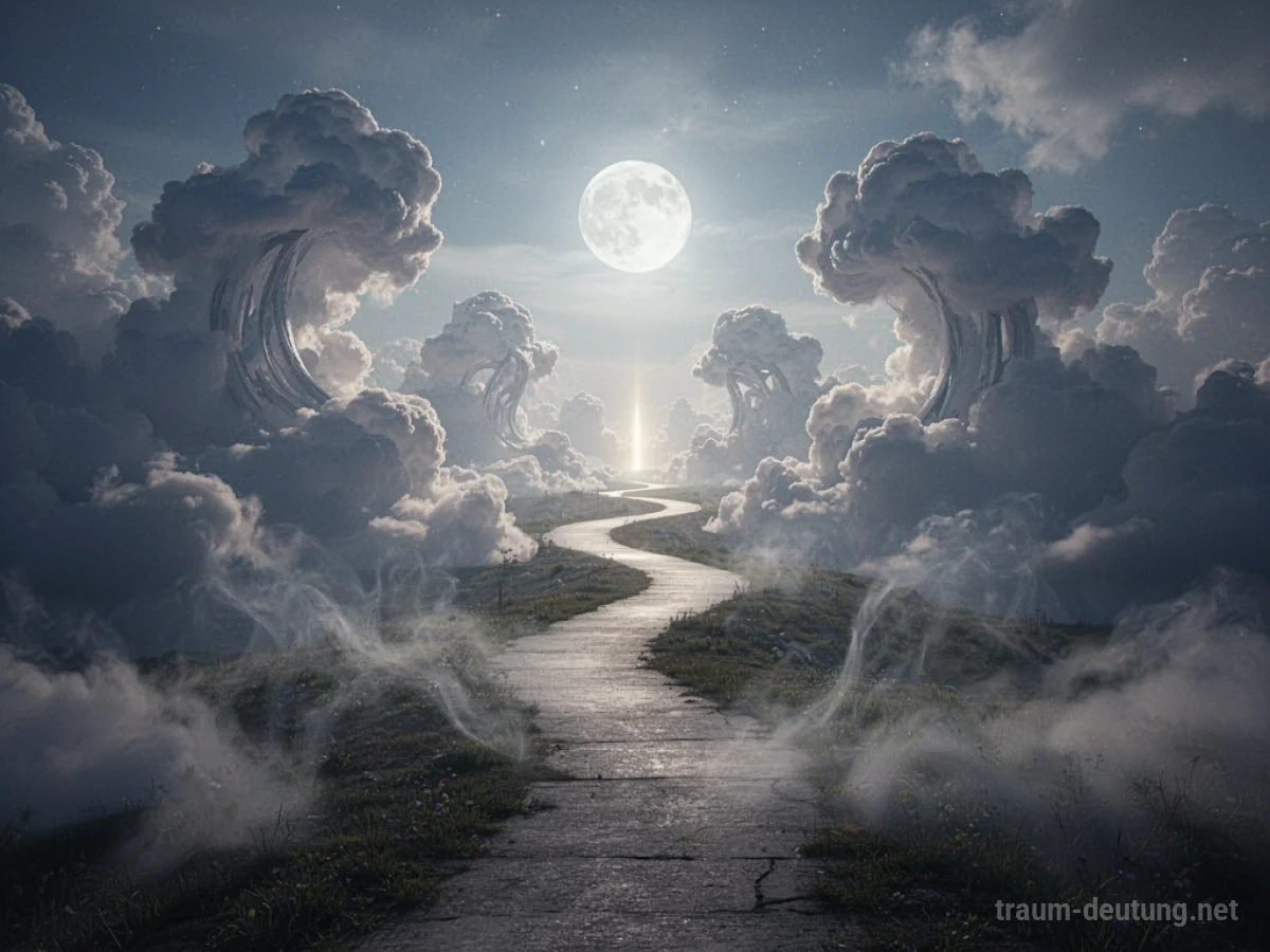 Traumdeutung Traum: Eine surreale Landschaft mit formwandelnden Wolken und einem leuchtenden Pfad im Mondlicht.