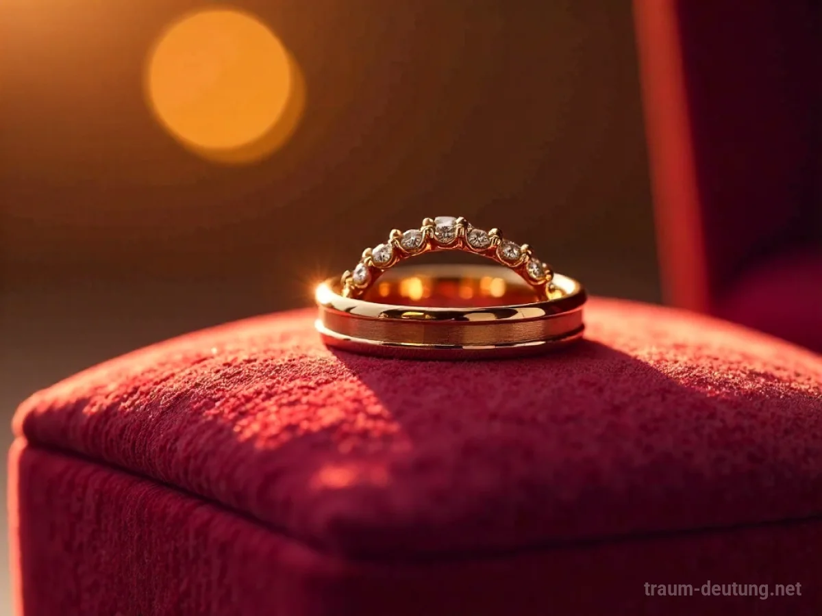Traumsymbol Trauring: Ein goldener Ehering mit Diamanten liegt auf einem roten Samtkissen, beleuchtet von warmem Licht.