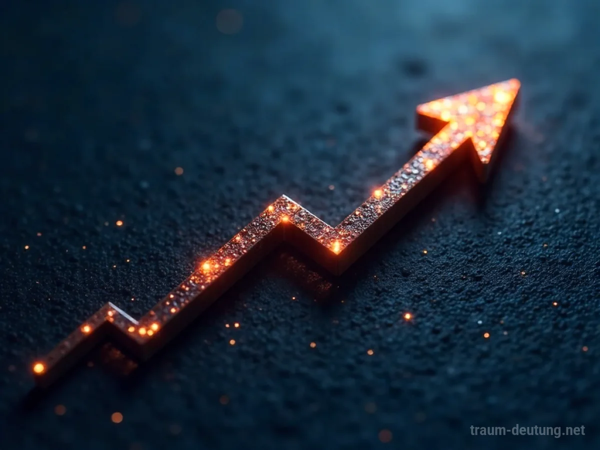 Traumsymbol Trend: Ein stilisierter, aufwärts gerichteter Pfeil auf dunklem Hintergrund mit subtilen, leuchtenden Linien, die Einfluss und Richtung andeuten.