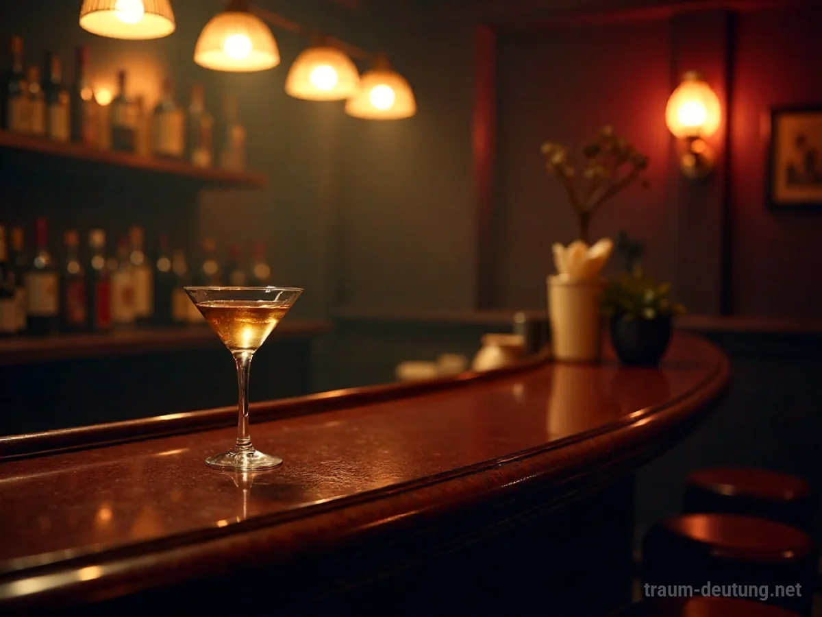 Traumdeutung Tresen: Ein polierter Mahagoni-Tresen in einem schwach beleuchteten Jazzclub mit einem einzelnen Martini-Glas, das im warmen Licht reflektiert.