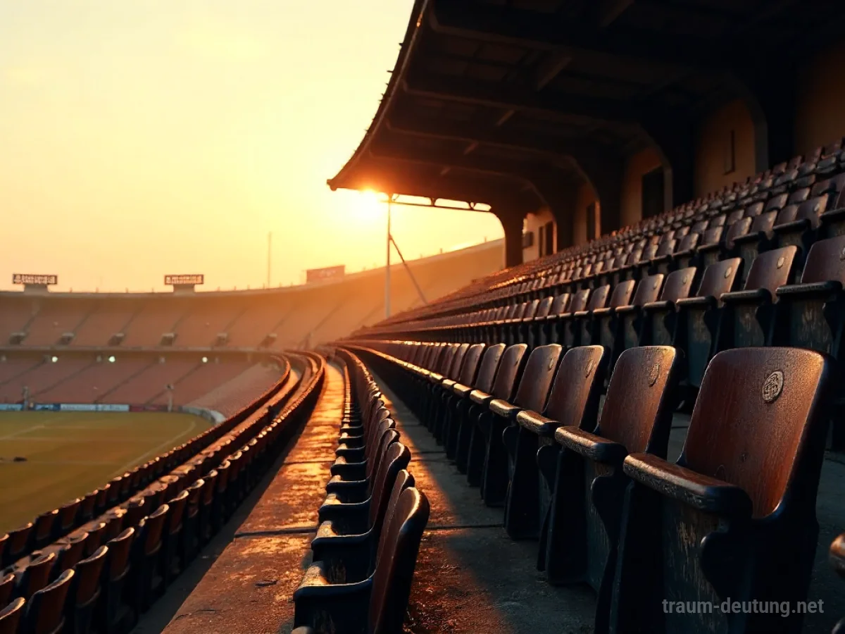 Traumsymbol Tribüne: Eine leere, verwitterte Beton- und Holz-Stadiontribüne im warmen Licht der untergehenden Sonne, die eine Atmosphäre der Erwartung und Isolation schafft.