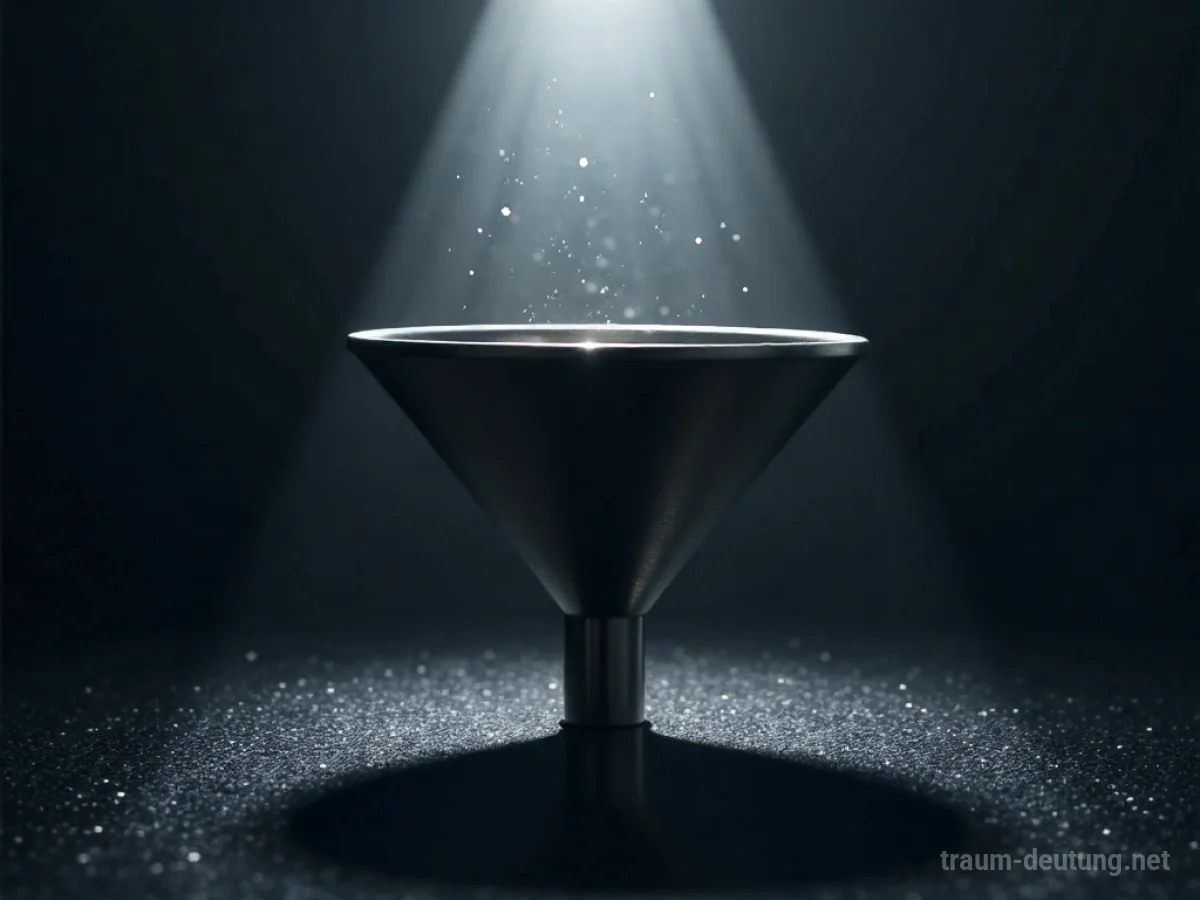 Traumsymbol Trichter: Ein metallischer Trichter steht auf dunkler Fläche, beleuchtet von einem Lichtkegel von oben.
