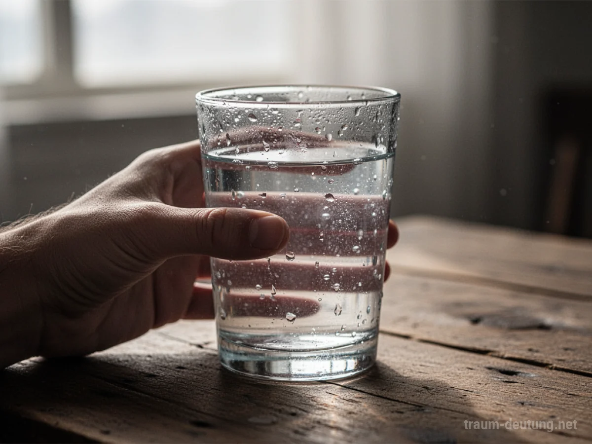 Traumdeutung Trinken: Eine Hand hält ein Glas klares Wasser im sanften Morgenlicht auf einem Holztisch.