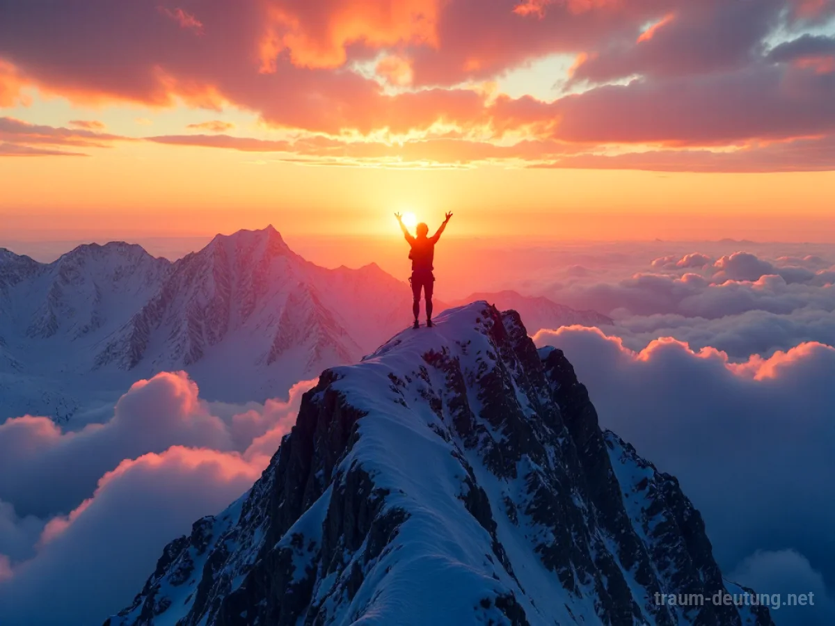 Traumsymbol Triumph: Eine silhouettierte Figur erhebt sich auf einem schneebedeckten Berggipfel im goldenen Licht des Sonnenaufgangs, Arme siegreich erhoben.