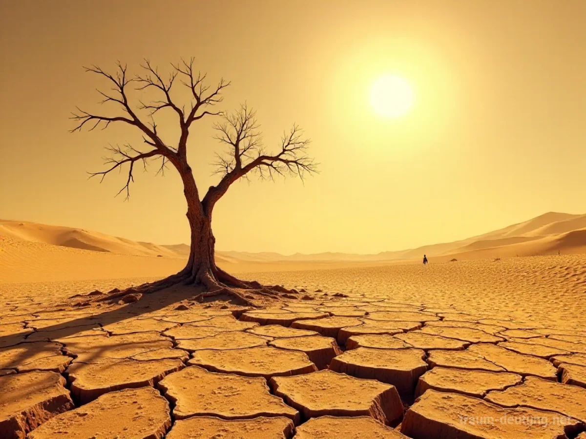 Traumsymbol Trocken: Eine ausgedörrte, rissige Wüstenlandschaft unter gleißender Mittagssonne mit einem einzelnen, verdorrten Baum.