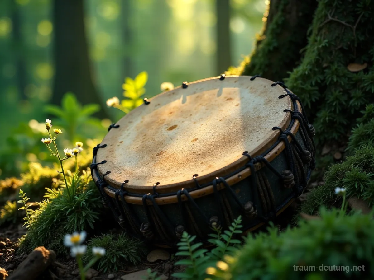 Traumsymbol Trommel: Eine alte Stammes-Trommel aus dunklem Holz und Tierhaut liegt auf moosigem Waldboden, beleuchtet von gefiltertem Sonnenlicht.