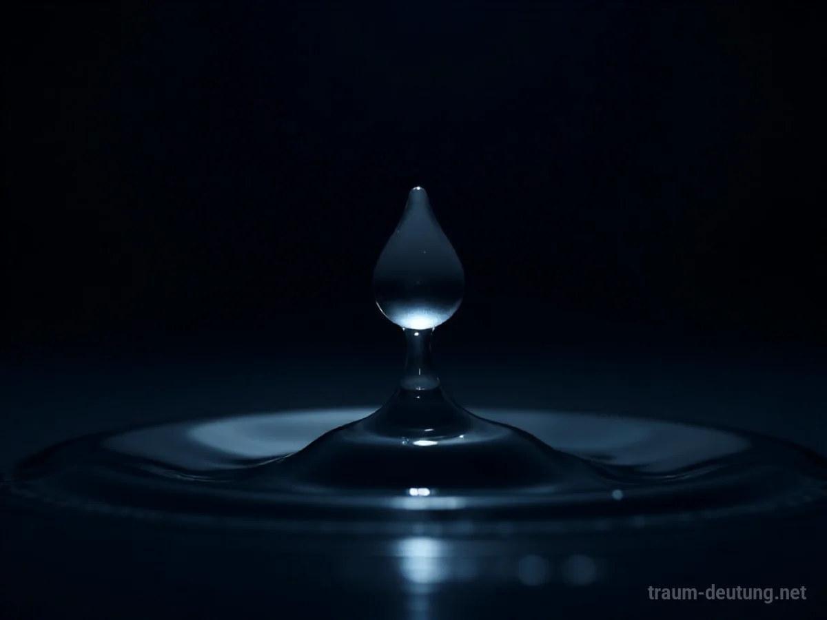 Traumsymbol Tropfen: Ein einzelner, klarer Wassertropfen schwebt in dunkler Luft, beleuchtet von sanftem Mondlicht.