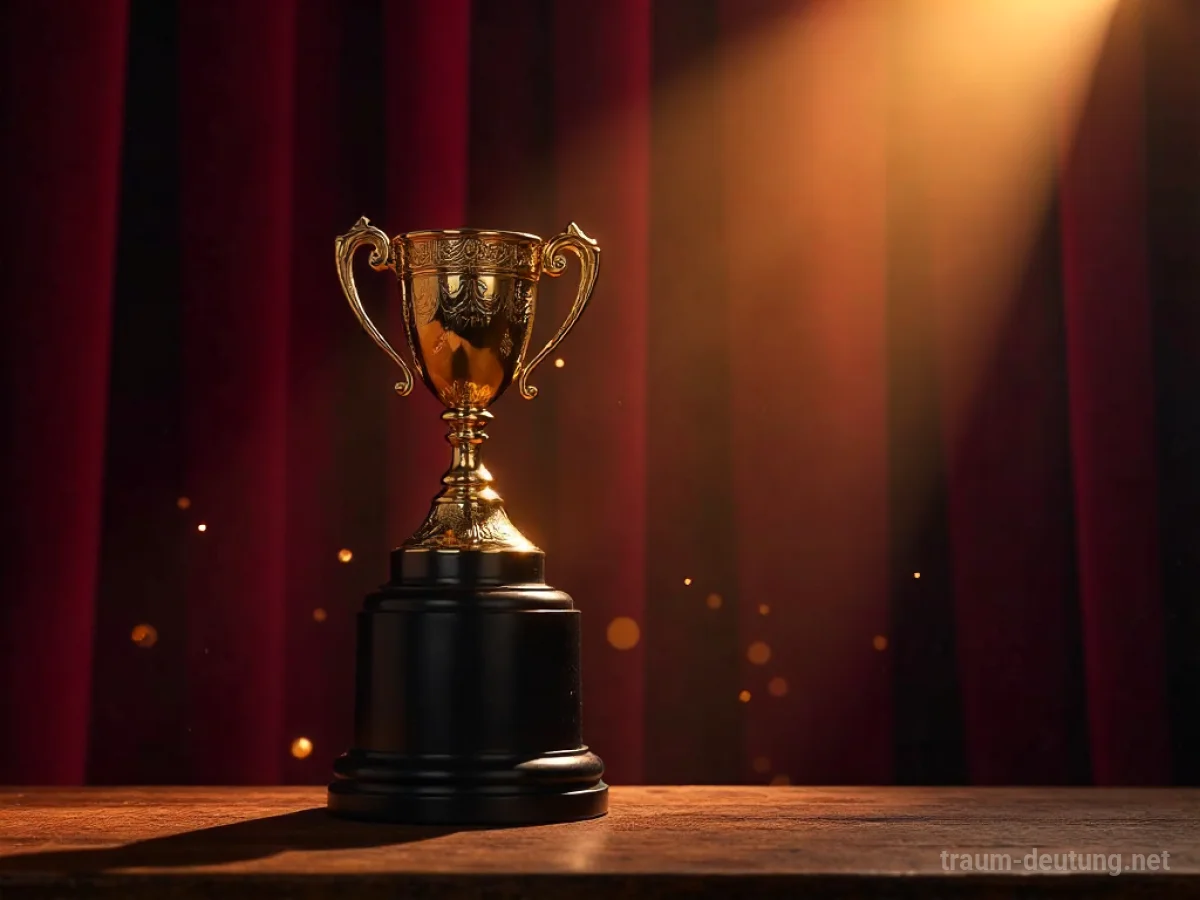 Traumsymbol Trophäe: Eine glänzende, verzierte goldene Trophäe steht prominent auf einem dunklen, polierten Holzsockel, beleuchtet von einem sanften Spotlight im Hintergrund mit samtigen Vorhängen.