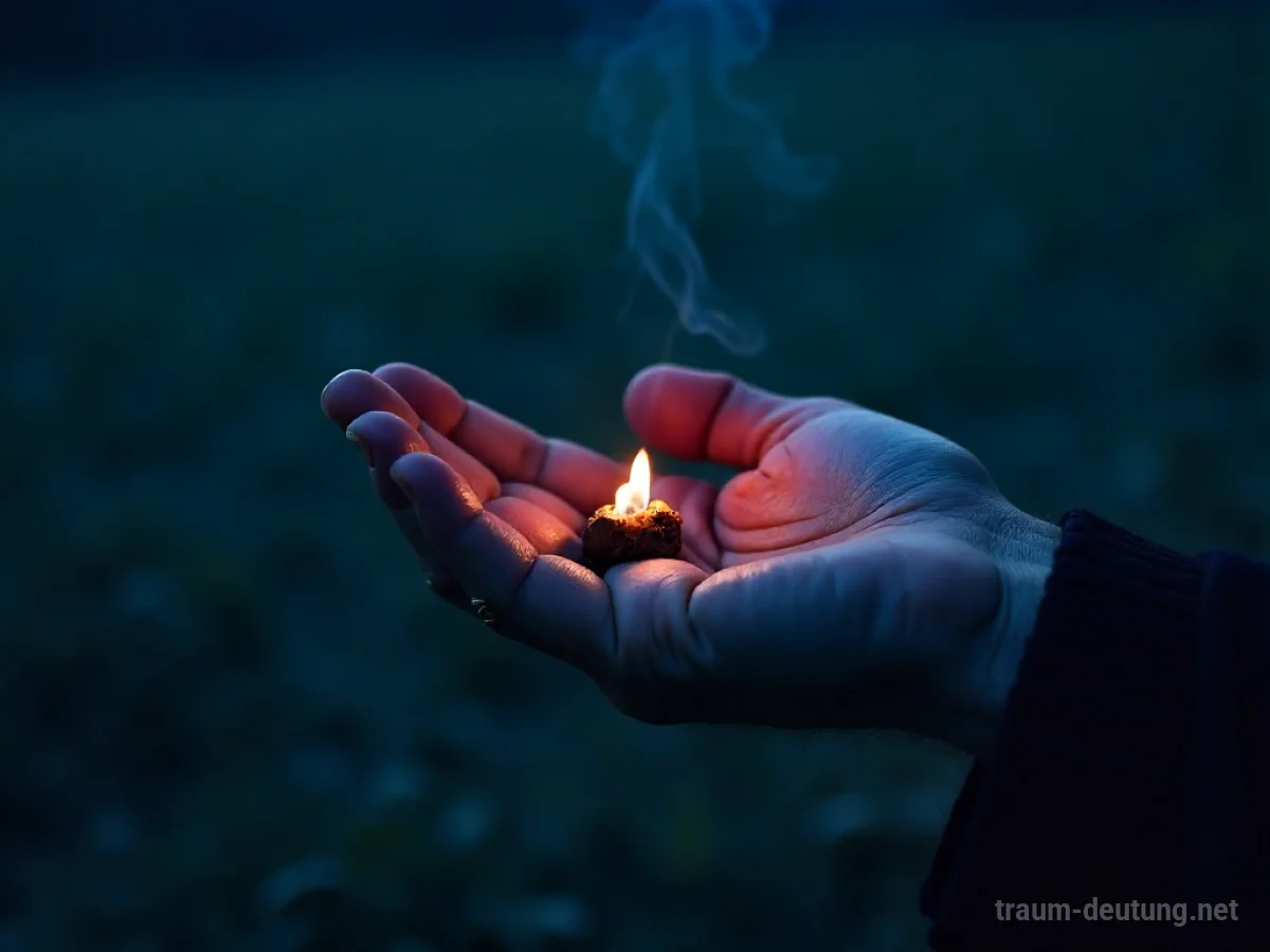 Traumsymbol Trost: Eine einzelne, verwitterte Hand umschließt sanft eine kleine, glühende Glut, die ein warmes Licht in die Dämmerung wirft.